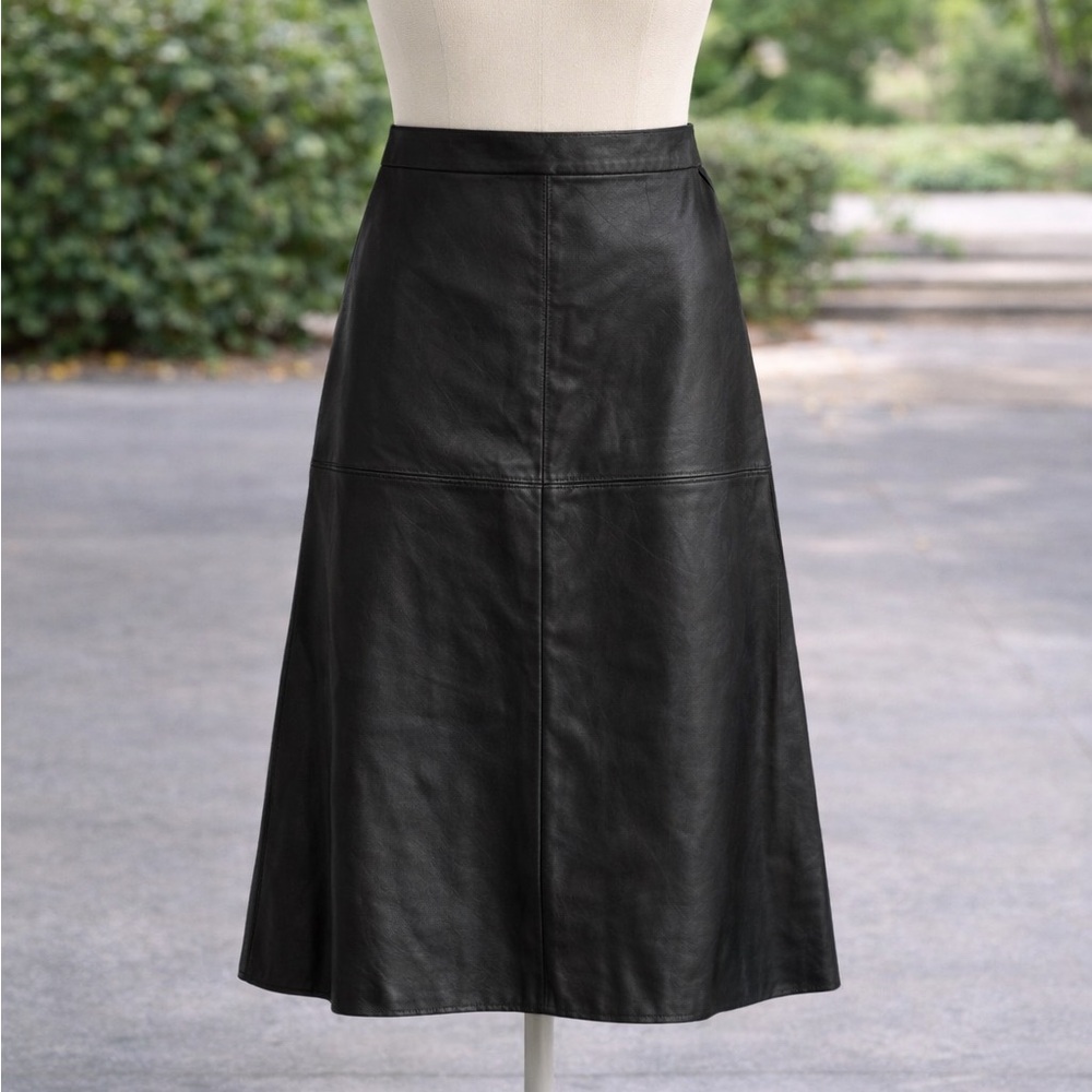 H&M Black Faux Leather A-Line Midi Skirt Women’s Size 10 Back Zip